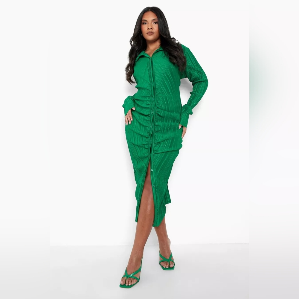 NWT Boohoo Plus Plisse Midi Ruched Shirt Dress 16 (US)